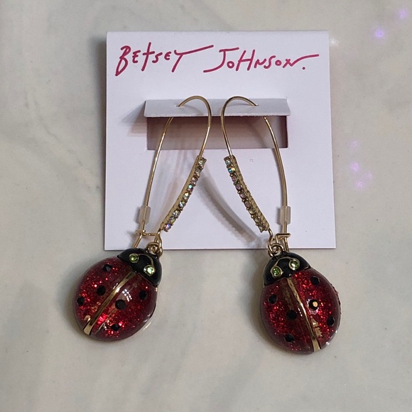 Betsey Johnson Red Glitter Resin Ladybug Drop Earrings Crystal Accents NWT - Picture 2 of 11